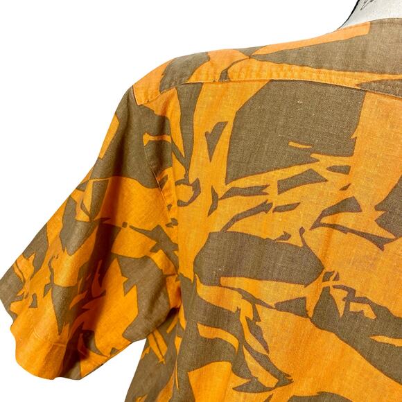Vintage 90s TOTOnKO Orange Brown Cotton Linen Button-Up Boxy Top Campy Boho - Picture 7 of 9